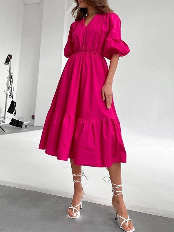 A-Line Half Sleeves Elasticity Pleated Solid Color V-Neck Midi Dresses