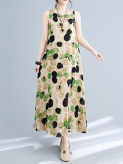 Loose Sleeveless Printed Split-Joint Round-Neck Maxi Dresses