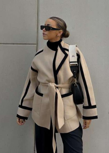 Contrast Trim Belted Wool Coat