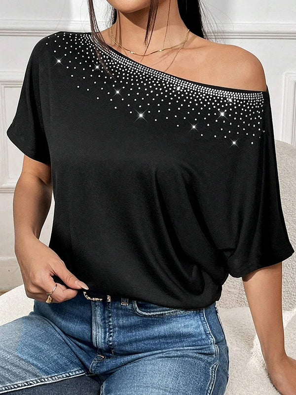 Batwing Sleeves Loose Rhinestone Split-Joint One-Shoulder T-Shirts