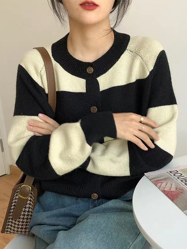 Casual Buttoned Contrast Color Striped Cardigan Tops