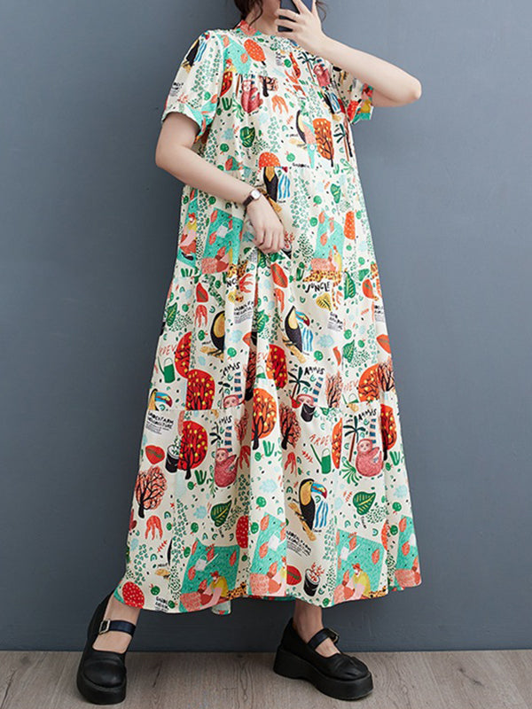 Loose Short Sleeves Buttoned Printed Split-Joint Stand Collar Midi Dresses