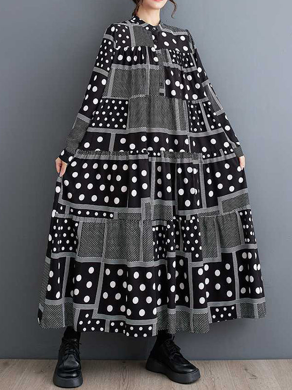 Long Sleeves Loose Buttoned Polka-Dot Printed Split-Joint Midi Dresses