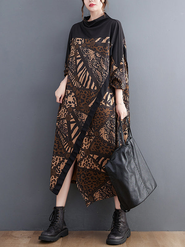 Long Sleeves Loose Asymmetric Printed Split-Front Split-Joint Mock Neck Midi Dresses