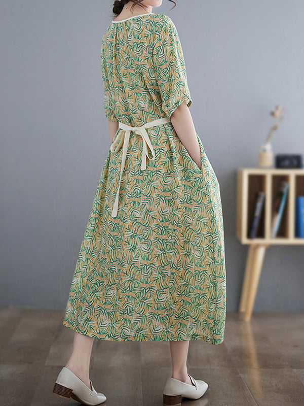 Loose Short Sleeves Hollow Pleated Printed Split-Joint Round-Neck Midi Dresses