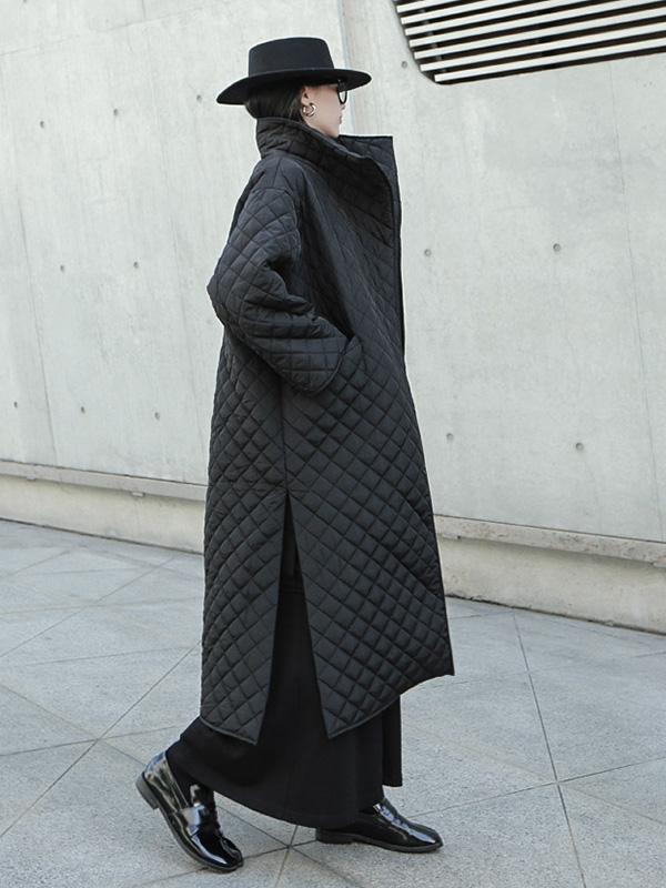 Black Rhombic Split-Side High Collar Long Coat