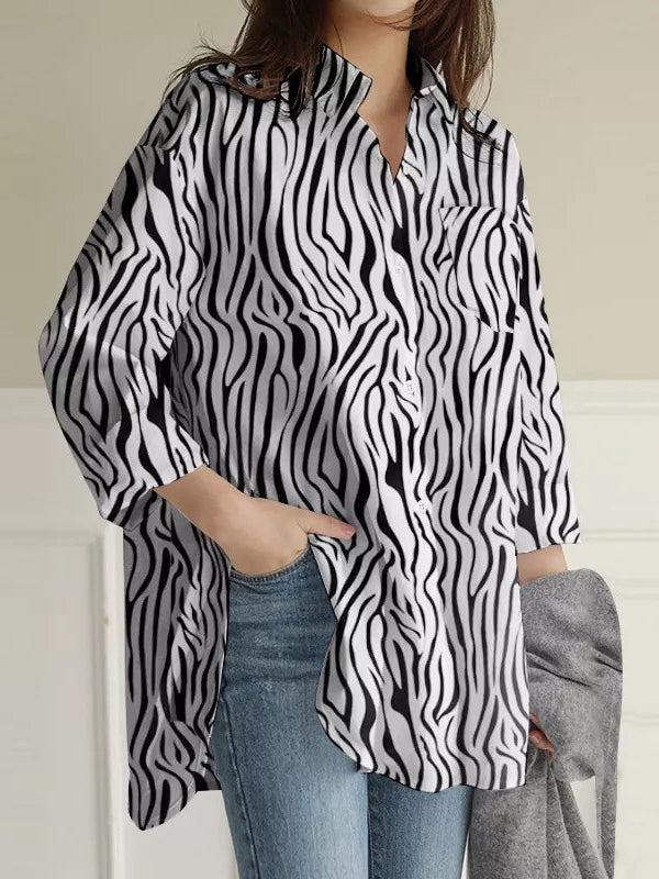 High-Low Long Sleeves Buttoned Pockets Split-Side Zebra-Stripe Lapel Blouses&Shirts Tops