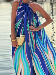 Loose Sleeveless Colorful Striped Halter-Neck Maxi Dresses