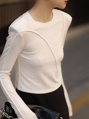 Long Sleeves Skinny Shoulder Pad Solid Color Round-Neck T-Shirts Tops