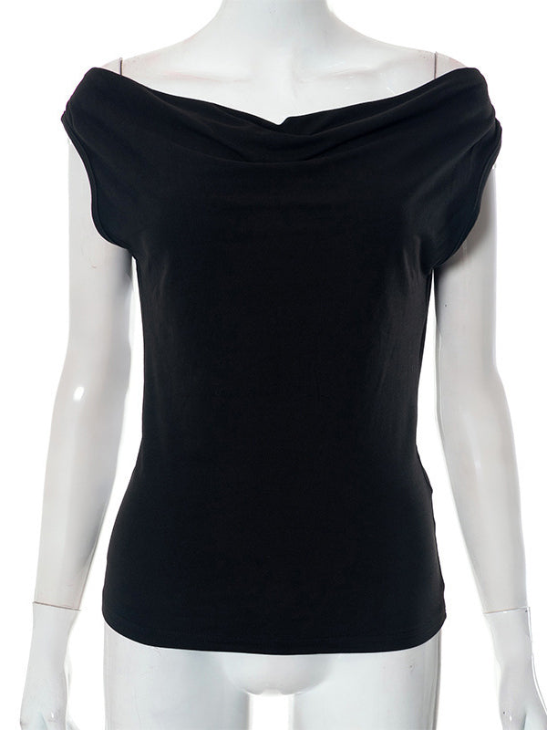 Loose Skinny Backless Lace-Up See-Through Solid Color Split-Joint Off-The-Shoulder T-Shirts Tops