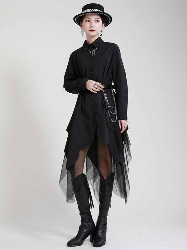 Urban Loose Split-Joint Lapel Long Sleeves Midi Dress