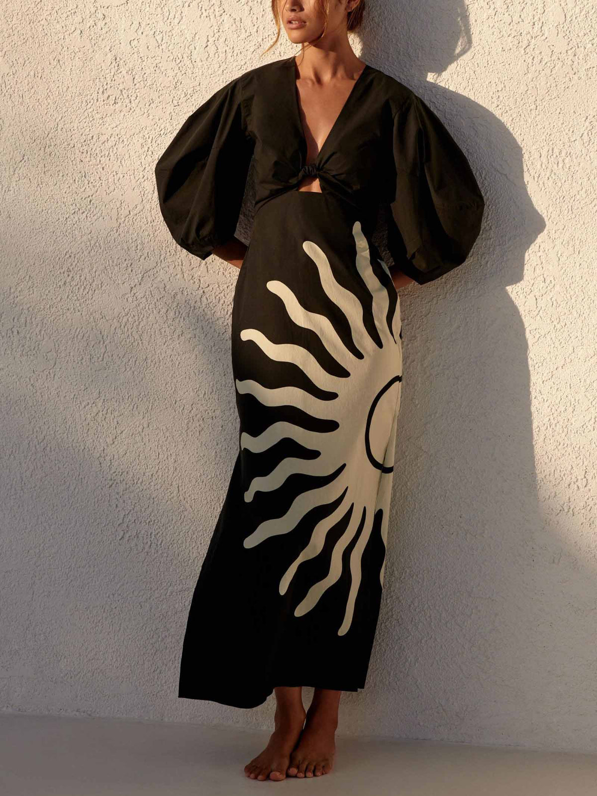 Unique Puff Sleeve Abstract Sun Print Midi Dress