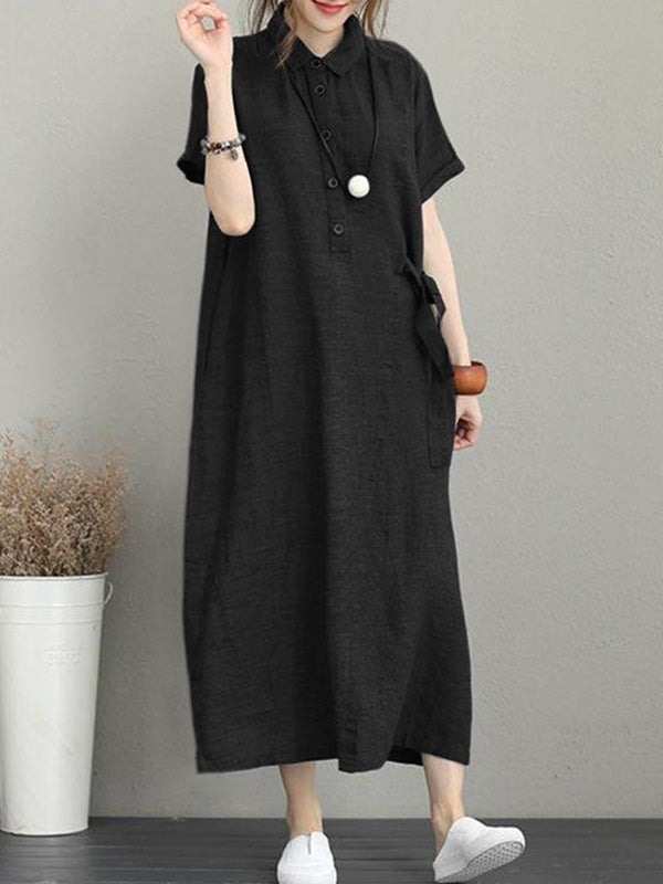 Original Cotton-Blend Lapel Solid Color Dress