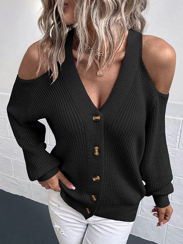 Trendy Tops Loose Solid Color V-Neck Cold Shoulder Cardigan Tops