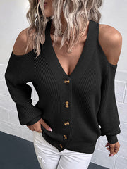 Trendy Tops Loose Solid Color V-Neck Cold Shoulder Cardigan Tops