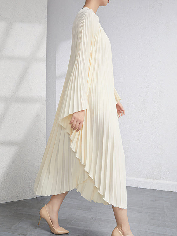 Batwing Sleeves Loose Pleated Solid Color Maxi Dresses