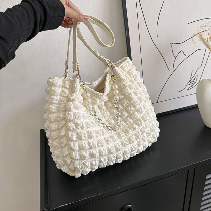 Pleated-Pearl-Chain Tote-Bag