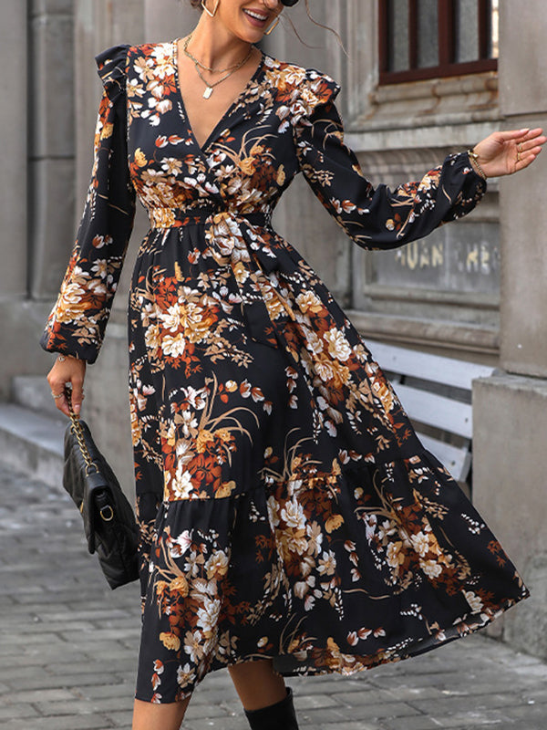 Loose Puff Sleeves Flower Print Pleated Split-Joint Tied Waist V-Neck Midi Dresses Shirt Dress