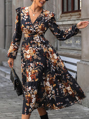 Loose Puff Sleeves Flower Print Pleated Split-Joint Tied Waist V-Neck Midi Dresses Shirt Dress