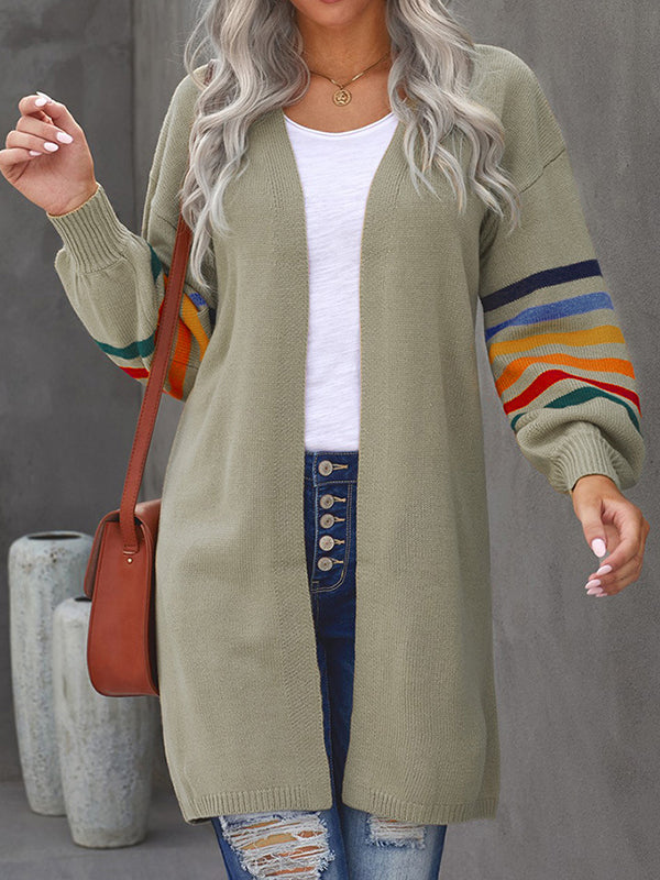 Long Sleeves Loose Colorful Contrast Color Striped Collarless Cardigan Tops