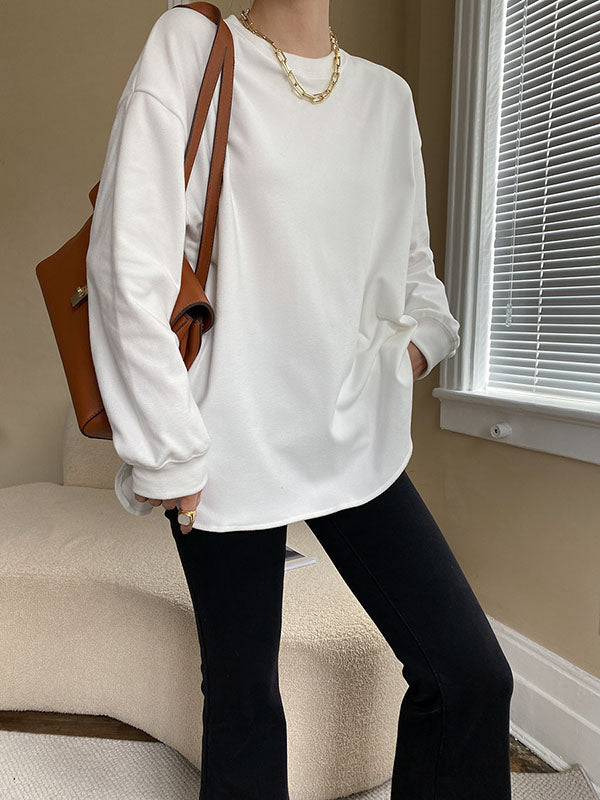 Casual Long Sleeves Loose Solid Color Round-Neck T-Shirts Tops