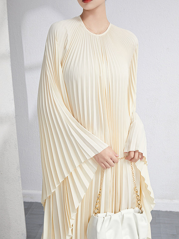 Batwing Sleeves Loose Pleated Solid Color Maxi Dresses