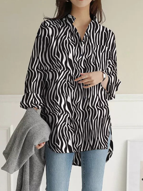 High-Low Long Sleeves Buttoned Pockets Split-Side Zebra-Stripe Lapel Blouses&Shirts Tops