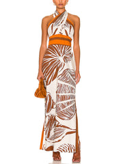 Satin Exquisite Hand-Painted Print Leaf Slit Midi Dress