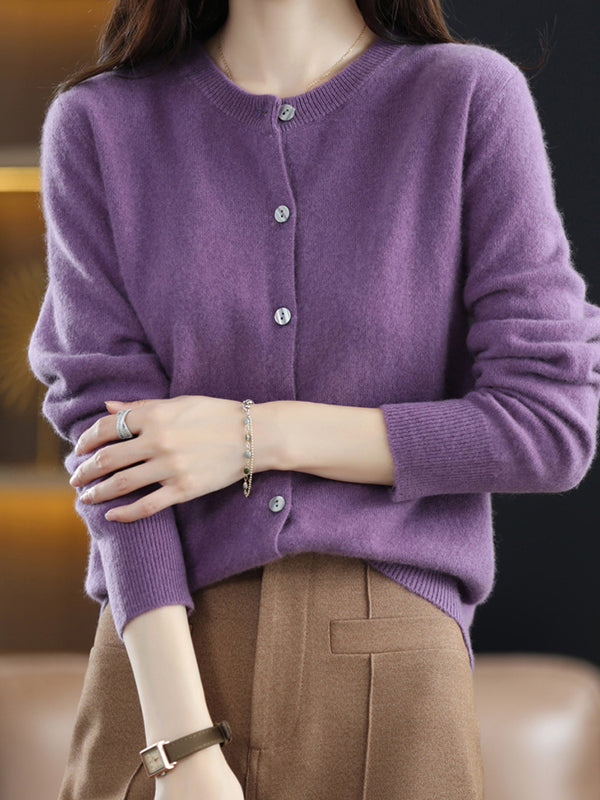 Long Sleeves Buttoned Elasticity Round-Neck Cardigan Tops Knitwear