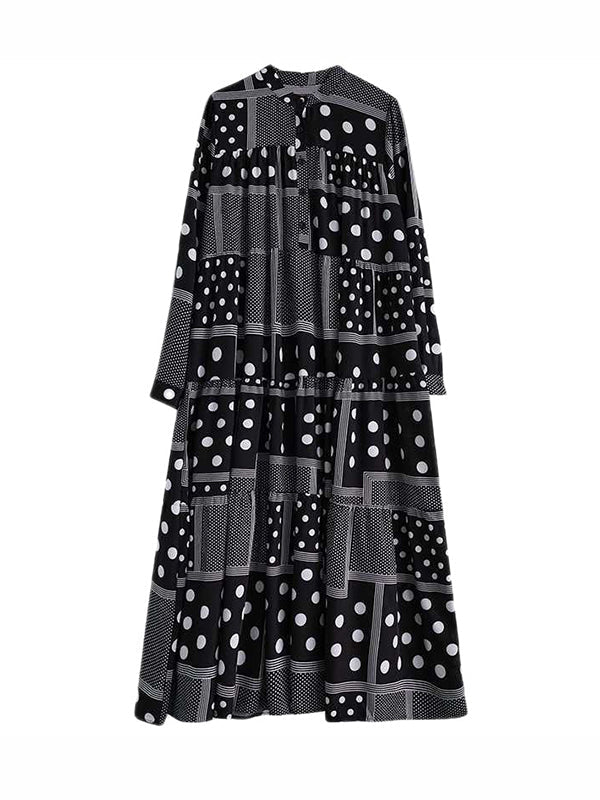 Long Sleeves Loose Buttoned Polka-Dot Printed Split-Joint Midi Dresses