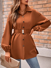 Loose Belted Solid Color Lapel Blouses&shirts Tops Shirts Tops