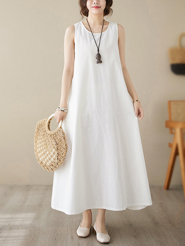 Loose Sleeveless Solid Color Round-Neck Midi Dresses