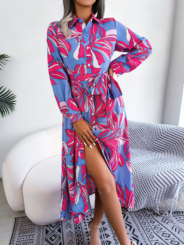 Long Sleeves Loose Printed Split-Joint Tied Waist Lapel Shirt Dress