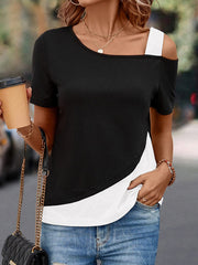 Loose Short Sleeves Asymmetric Contrast Color Split-Joint Cold Shoulder T-Shirts Tops