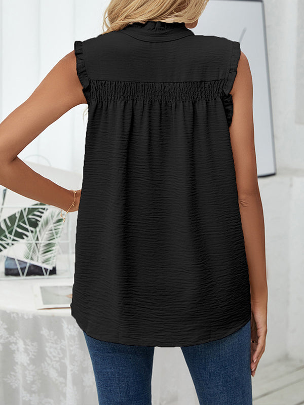 Loose Sleeveless Pleated Solid Color Stand Collar Vest Top