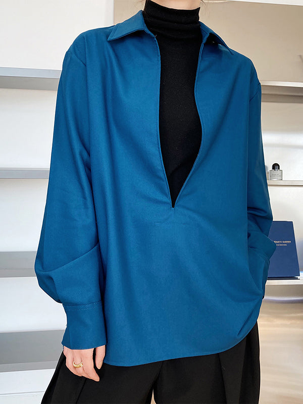 Long Sleeves Loose Solid Color Lapel Blouses