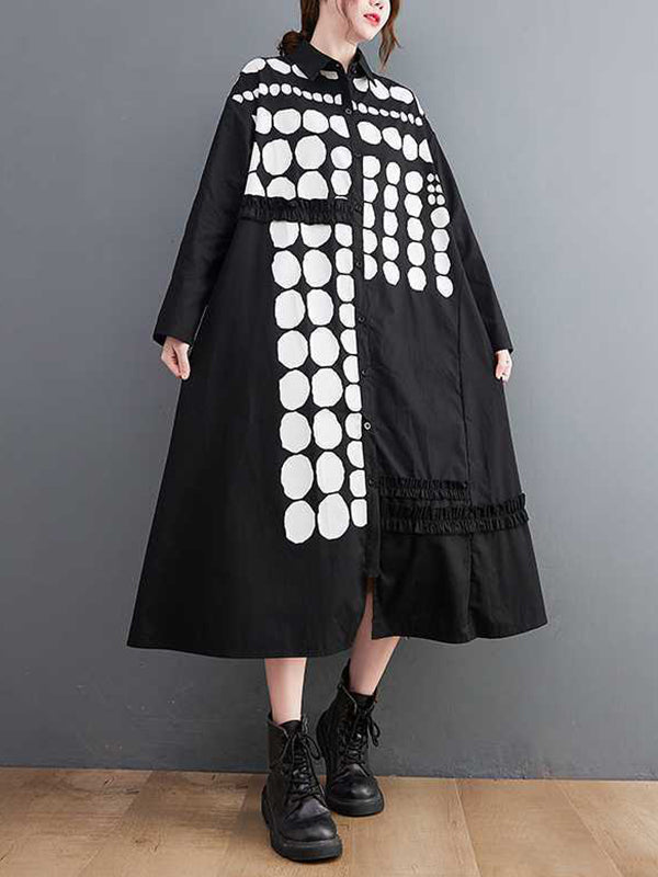 A-Line Long Sleeves Asymmetric Buttoned Polka-Dot Lapel Midi Dresses