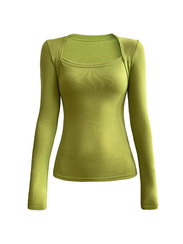 Long Sleeves Skinny Solid Color Square-Neck T-Shirts Tops