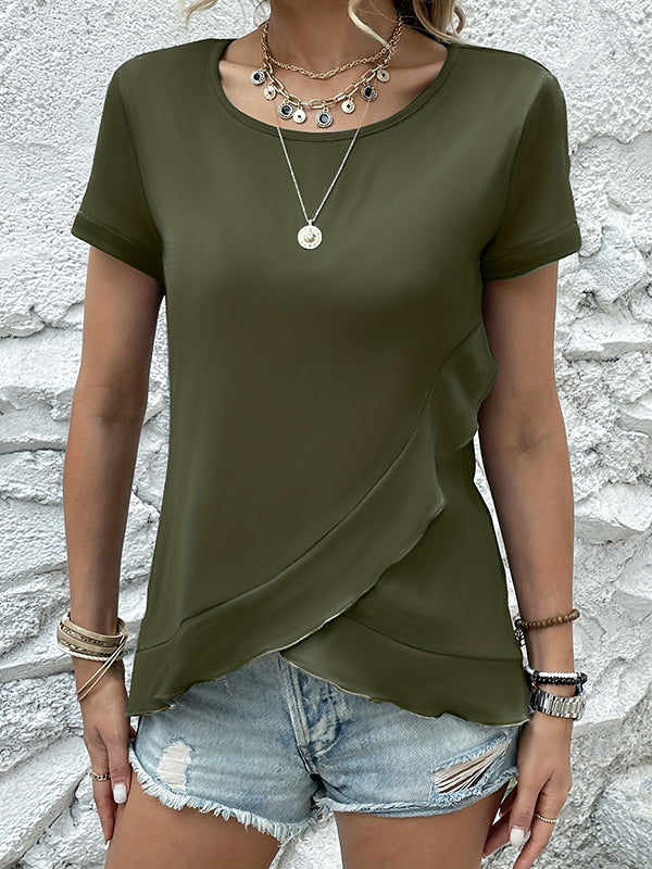 Loose Short Sleeves Asymmetric Ruffled Solid Color Split-Joint Round-Neck T-Shirts Tops