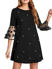 A-Line Loose Mesh Polka-Dot Split-Joint Three-Dimensional Flower Round-Neck Mini Dresses