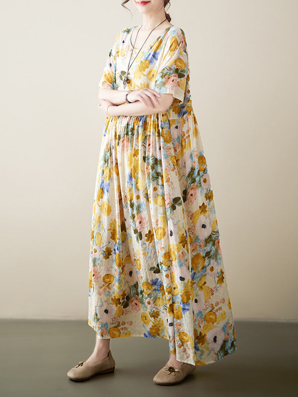 A-Line Loose Floral Printed Round-Neck Midi Dresses