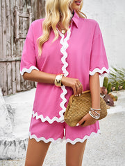 Loose Short Sleeves Split-Joint Lapel Blouse + Drawstring Elasticity Shorts Two Pieces Set