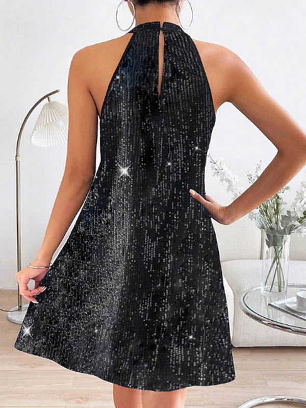 A-Line Loose Hollow Sequined Solid Color Halter-Neck Mini Dresses