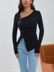 Long Sleeves Skinny Asymmetric Buttoned Pleated Asymmetric Collar T-Shirts Tops