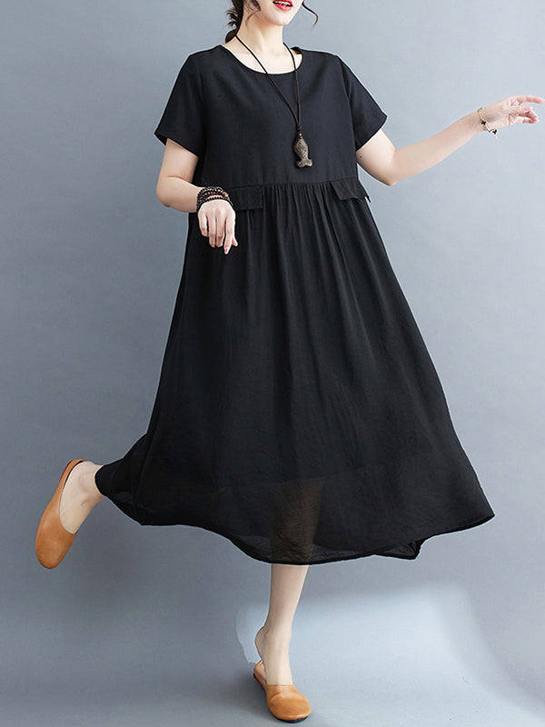 Loose Short Sleeves Gauze Solid Color Split-Joint Round-Neck Midi Dresses