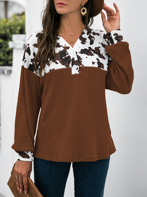 Long Sleeves Loose Buttoned Leopard Printed Split-Joint V-Neck T-Shirts Tops