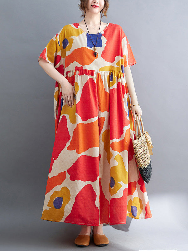 Artistic Retro Short Sleeves Loose Contrast Color Printed Round-Neck Midi Dresses