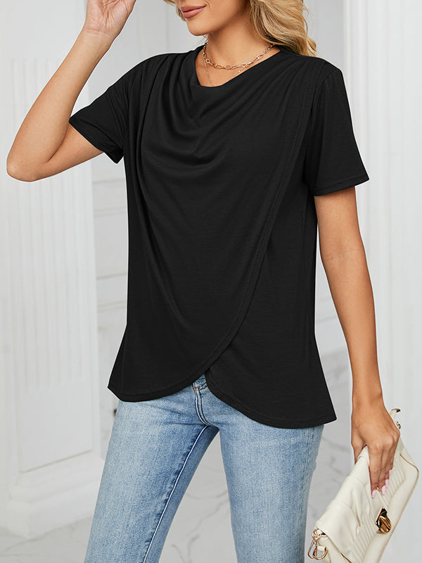 Loose Short Sleeves Pleated Solid Color Split-Joint Round-Neck T-Shirts