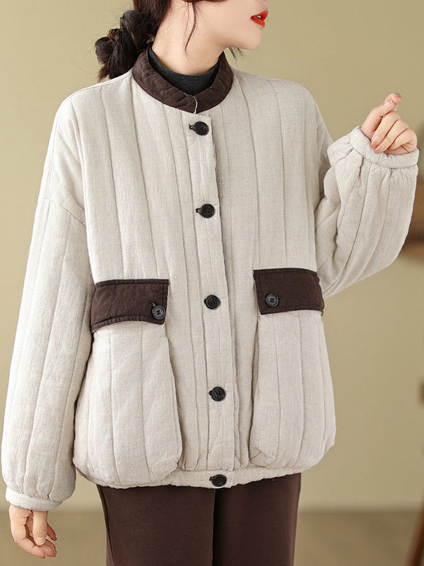 Long Sleeves Loose Buttoned Pockets Quilted Split-Joint Round-Neck Padded Coat