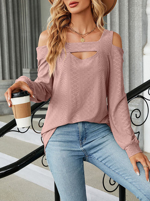 Long Sleeves Loose Hollow Jacquard Solid Color U-Neck T-Shirts Tops